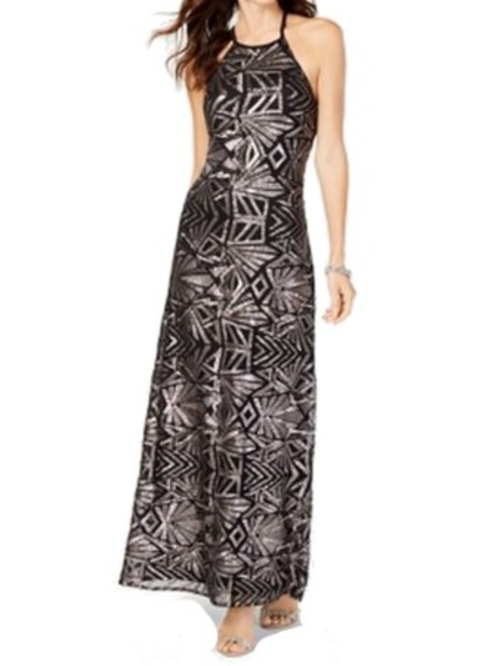 Nightway Womens Sequined Mesh Gown